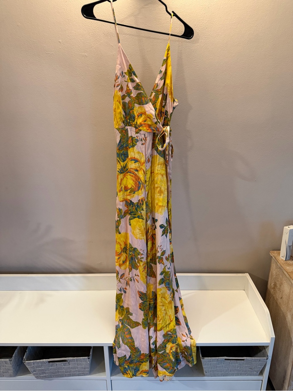 Free People Pink Yellow Floral Wrap Wide Leg Jumpsuit Size 2 Sleeveless V-Neck - Picture 2 of 6